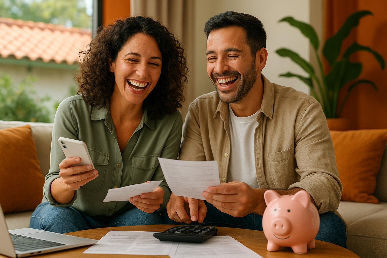 Pareja feliz organizando sus finanzas personales en casa con ayuda de un celular y una alcancía, simbolizando el control financiero familiar y la planificación económica efectiva